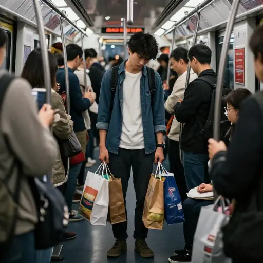 一天结束时，我不仅要提着一堆购物袋，还要在火车上设法挤到其他乘客之间。