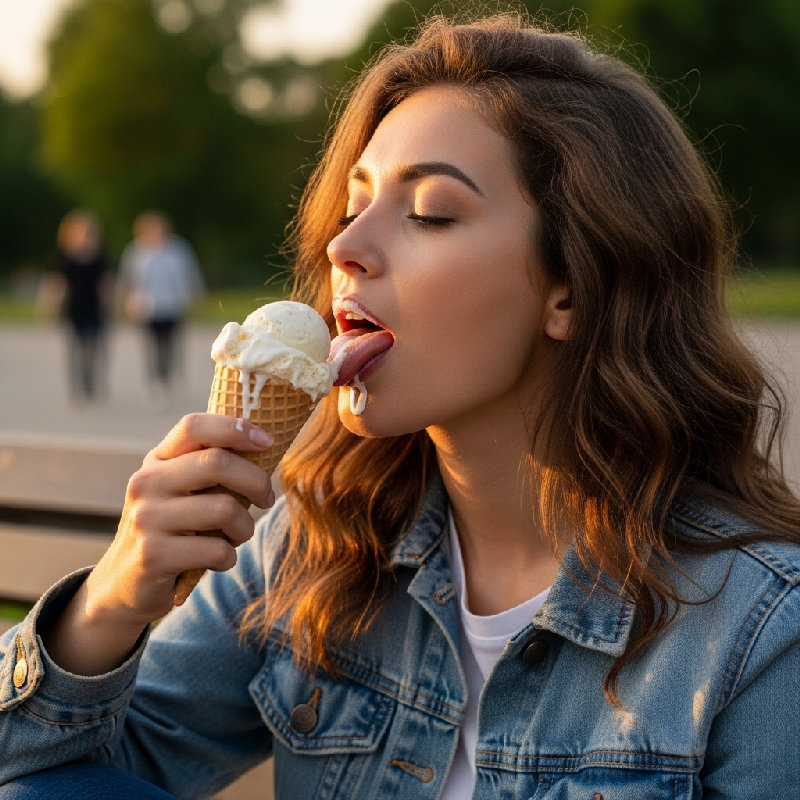 她舔着冰激凌。