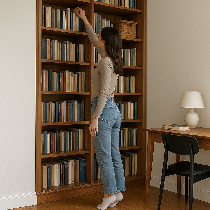 她踮起脚尖去够最上面的架子。