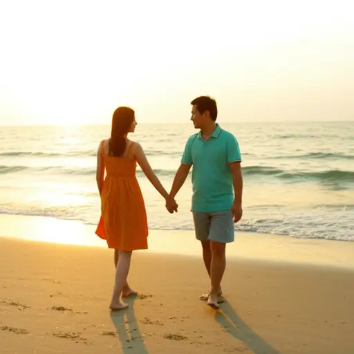 我们沿着海滩浪漫地散步。