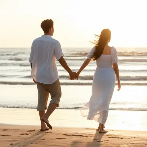 我们沿着海滩散步时，享受着宜人的微风。