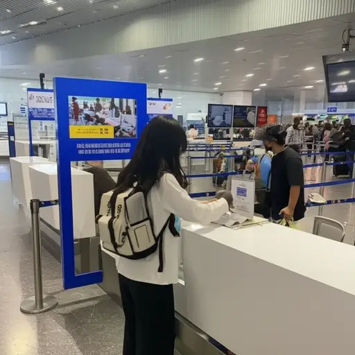 她必须为她的国际航班提前办理登机手续。