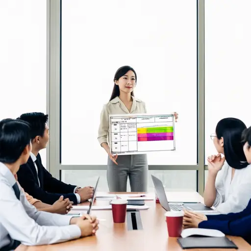 她用一张彩色图表向她的团队解释项目时间线。