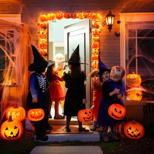 万圣节时，孩子们挨家挨户要糖果。