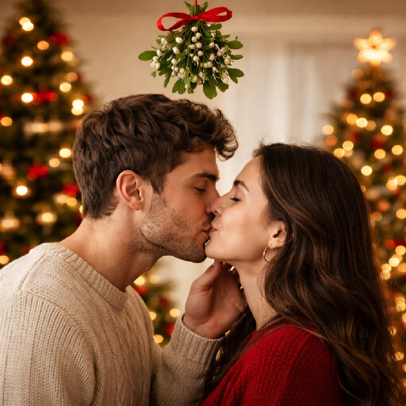 圣诞节时，我们在槲寄生下接吻了。