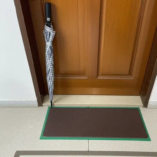 我把雨伞靠在门边了。