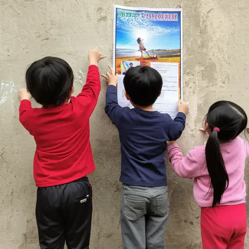 孩子们在墙上贴了一张海报。