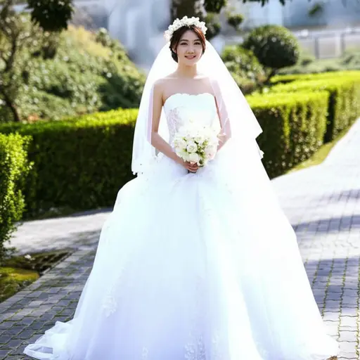 新娘穿着白色的婚纱，看起来很漂亮。