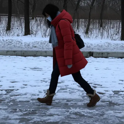 她在结冰的小路上小心翼翼地向前迈了一步。