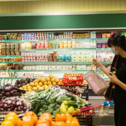 当我买食物时，我会去当地的超市。