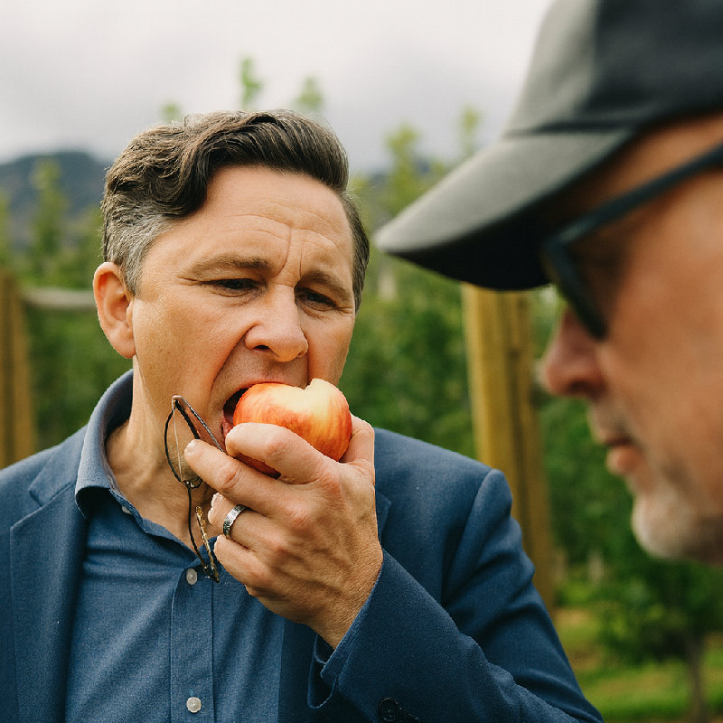 他大声咀嚼着苹果。