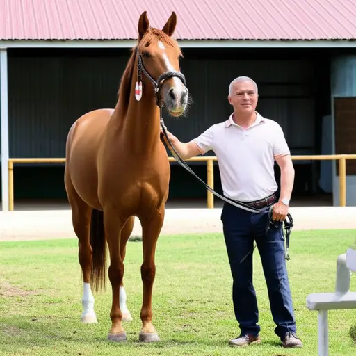 他们展示了那匹马和它的教练的照片。