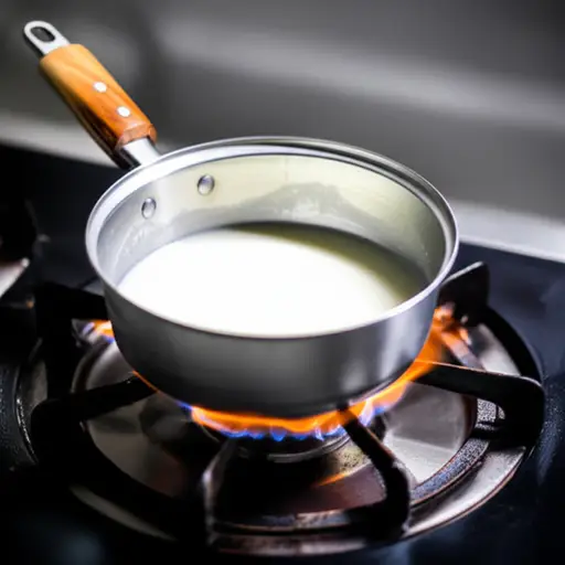 在小锅里加热牛奶。