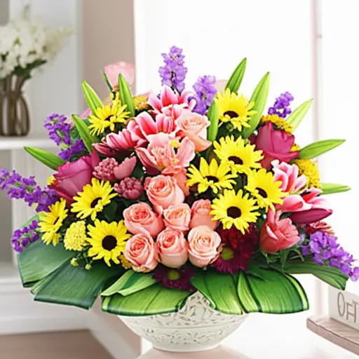 一个漂亮的花艺布置点亮了整个房间。