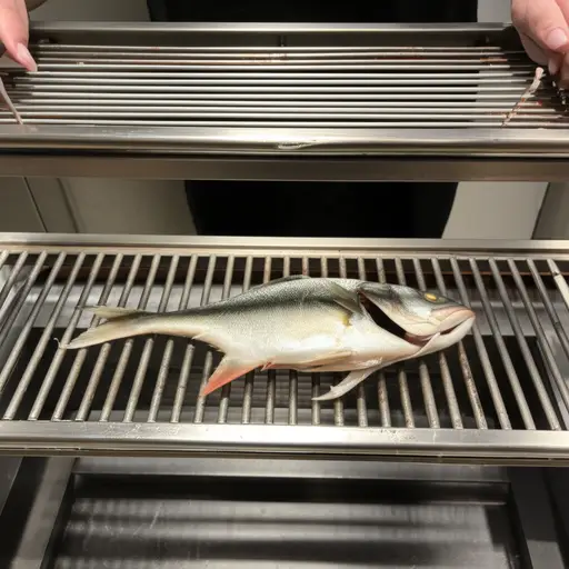 把鱼放在烤架下面。