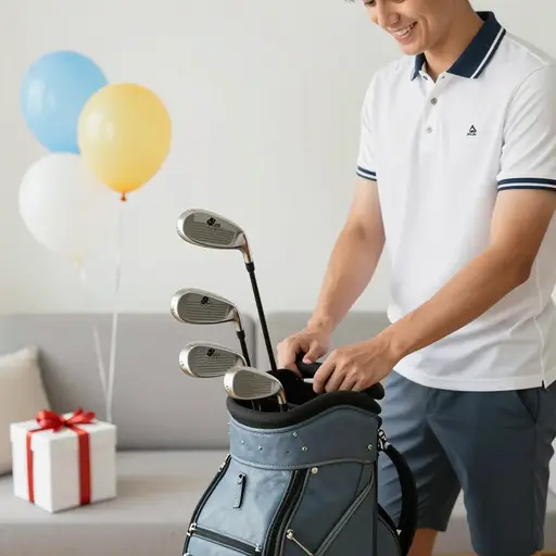 他生日收到了一套新的高尔夫球杆。