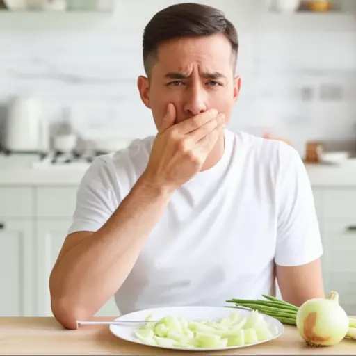 吃完洋葱后，他的呼吸气味难闻。