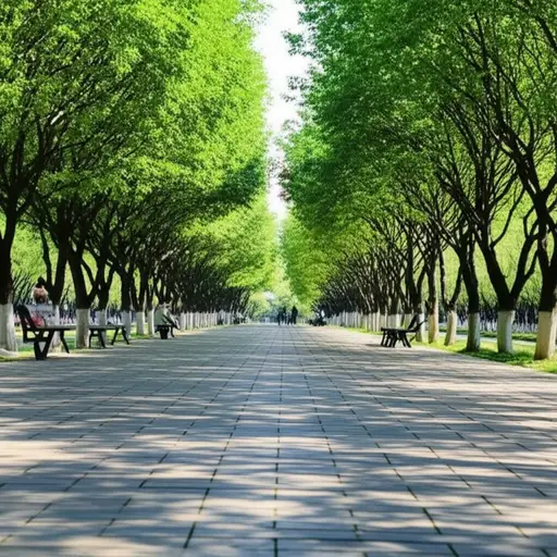 两排树木排列在穿过公园的小路两旁。