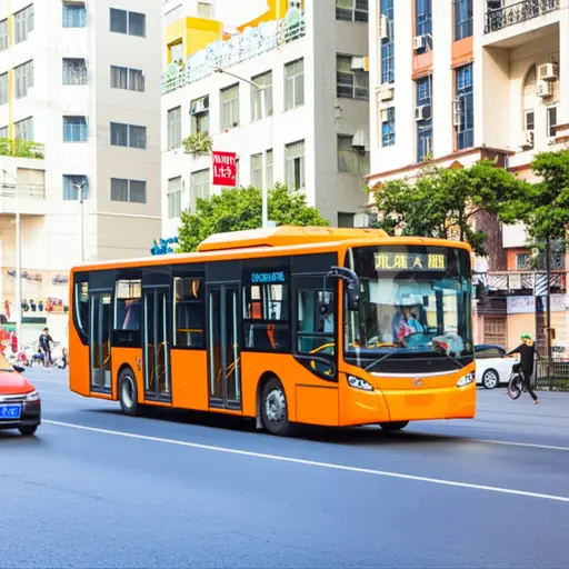 看那辆橙色的公共汽车！