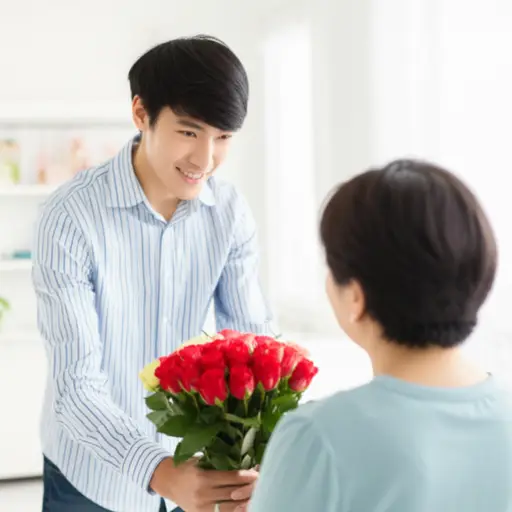 他为母亲买了一些花。