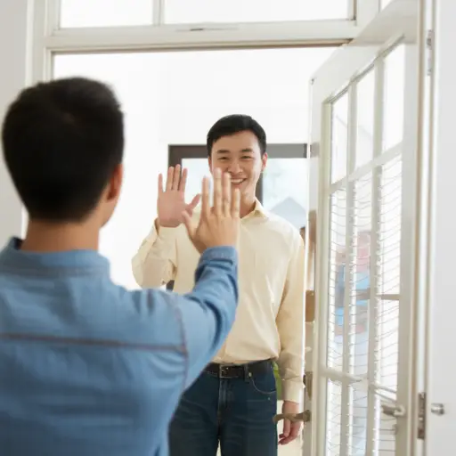 他在门口迎接了我。