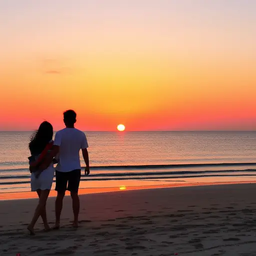 傍晚时分，我们喜欢在海边散步。