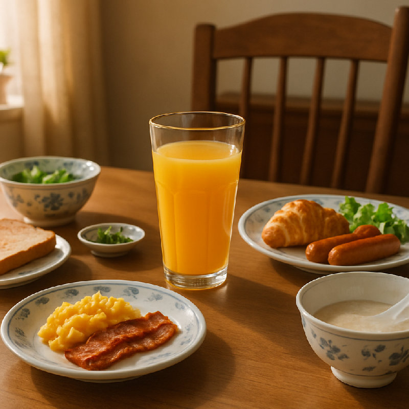 我喜欢早餐喝一杯橙汁。