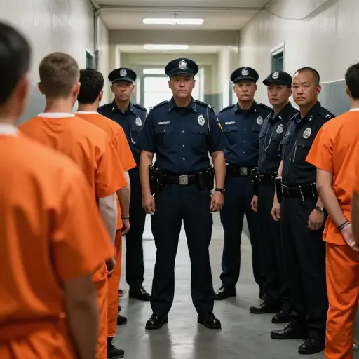 五名狱警看守着囚犯。