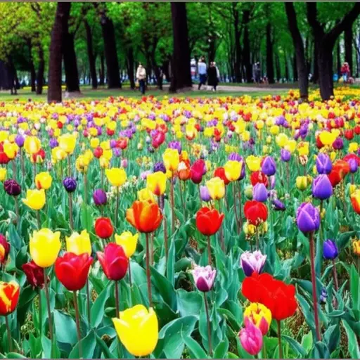 公园里到处都有美丽的花朵。