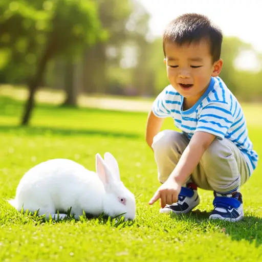 小男孩兴奋地喊着：“看那只毛茸茸的小兔兔！”