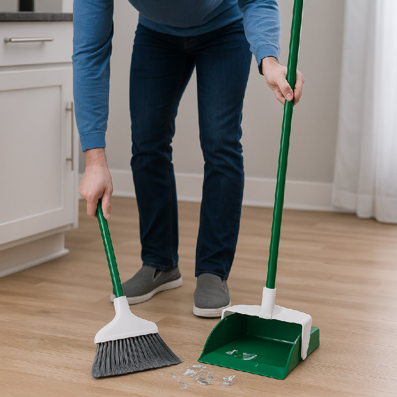 他把碎玻璃扫进簸箕里。 