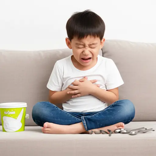 他吃了太多冰淇淋，现在肚子疼。