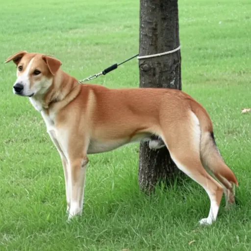 狗被拴在树上。