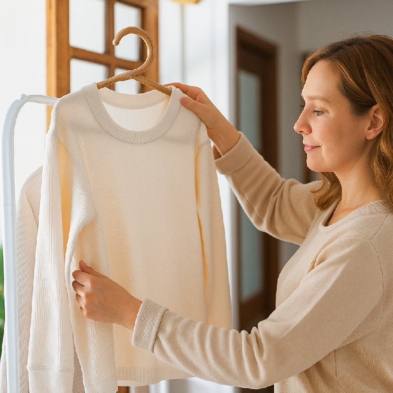 她用衣架挂起衬衫。