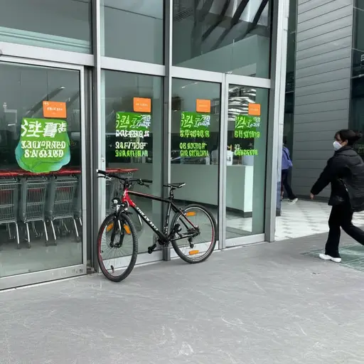 我把自行车停在超市外面。