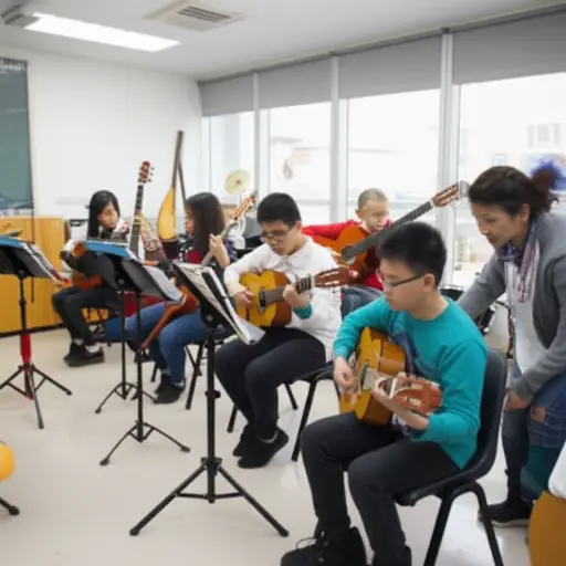 他在音乐课上学习弹吉他。