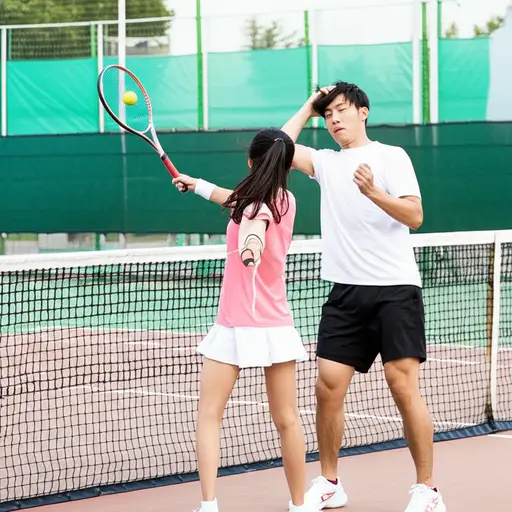 她用网球拍打了他的头。