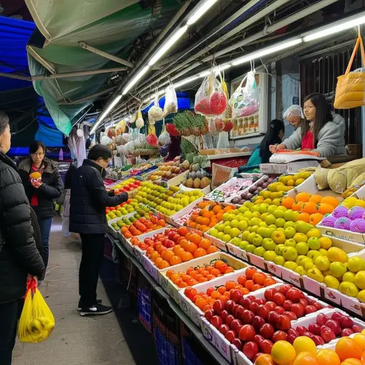 在当地市场，水果摊位总是很繁忙。