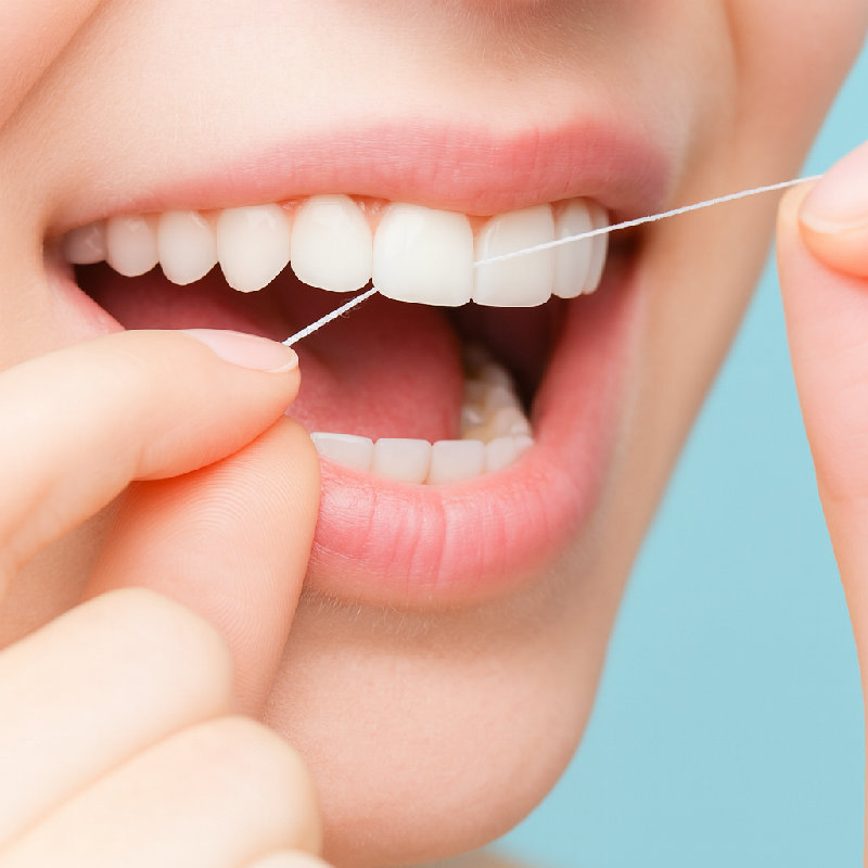 她每天用牙线清洁牙齿。