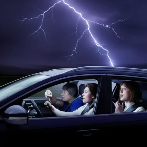 我们正坐在车里，突然闪电击中了车顶。