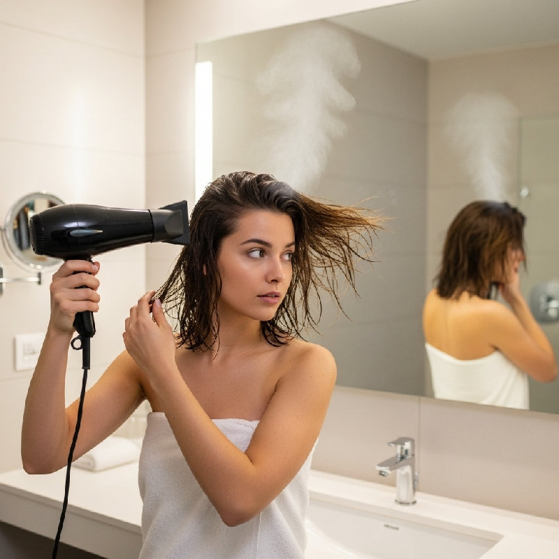 她洗澡后把头发吹干。