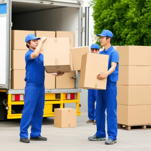 工人们小心翼翼地把箱子搬到送货卡车上。