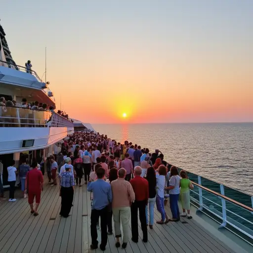 乘客们聚集在上层甲板观看日出。