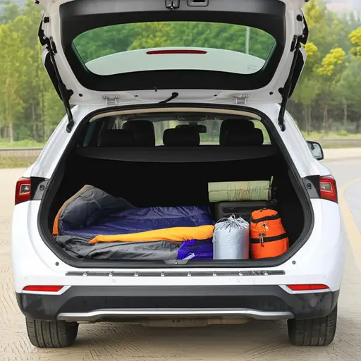 汽车的后备箱里装满了露营装备。