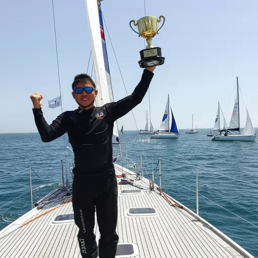 那位年轻的水手赢得了他的第一次帆船比赛。