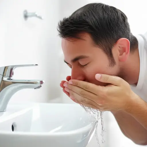 他用冷水洗了洗脸，感觉清爽多了。