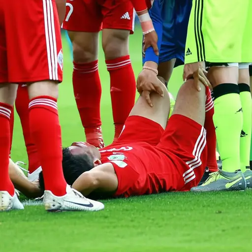 他在比赛中膝盖受伤了。