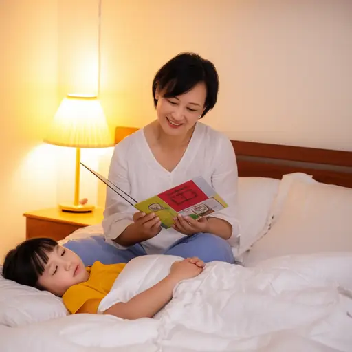 我在睡前给他读了一个故事。