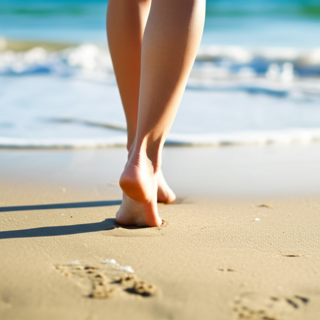 她喜欢赤脚在海滩上散步。
