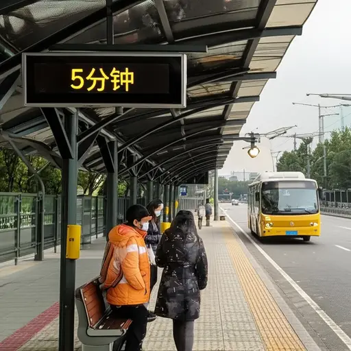 公交车将在五分钟后到站。